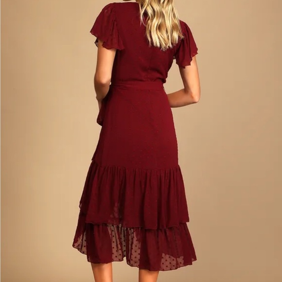 Lulus Burgundy Midi Wrap Dress - Picture 2 of 9